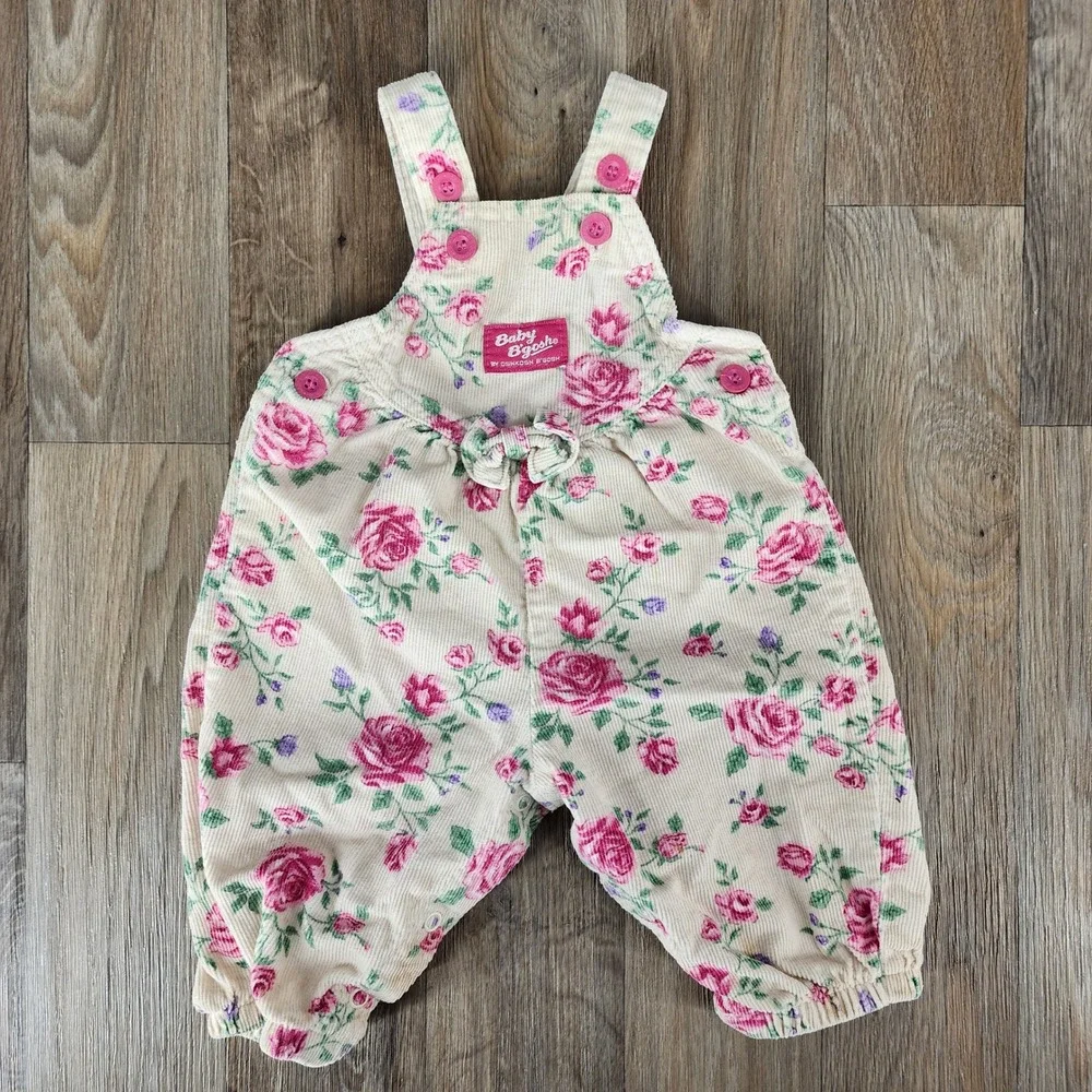 Vintage Baby B'gosh Bubble Corduroy‎ Overalls Vestback Floral Print 6-9 Months